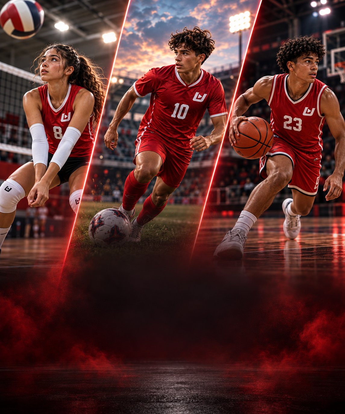 Atletas de voleibol, fútbol y baloncesto con uniforme rojo de UProspect